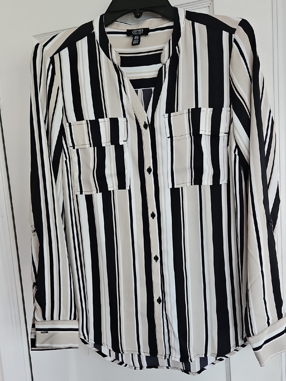 Jones New York Black and White Vertical Stripe Button-Up Blouse